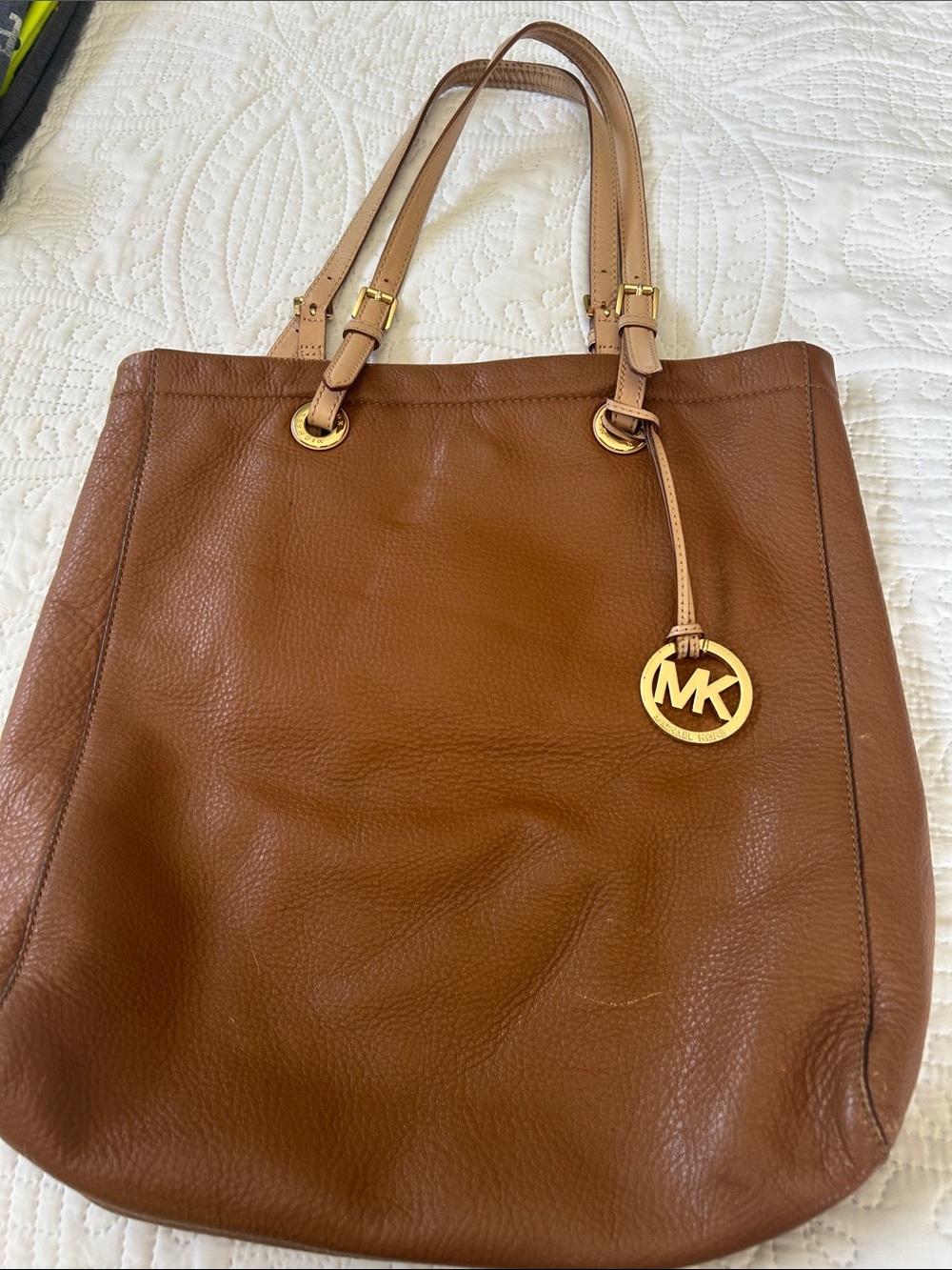 Michael Kors Brown Leather Shoulder Tote with Gold MK Charm